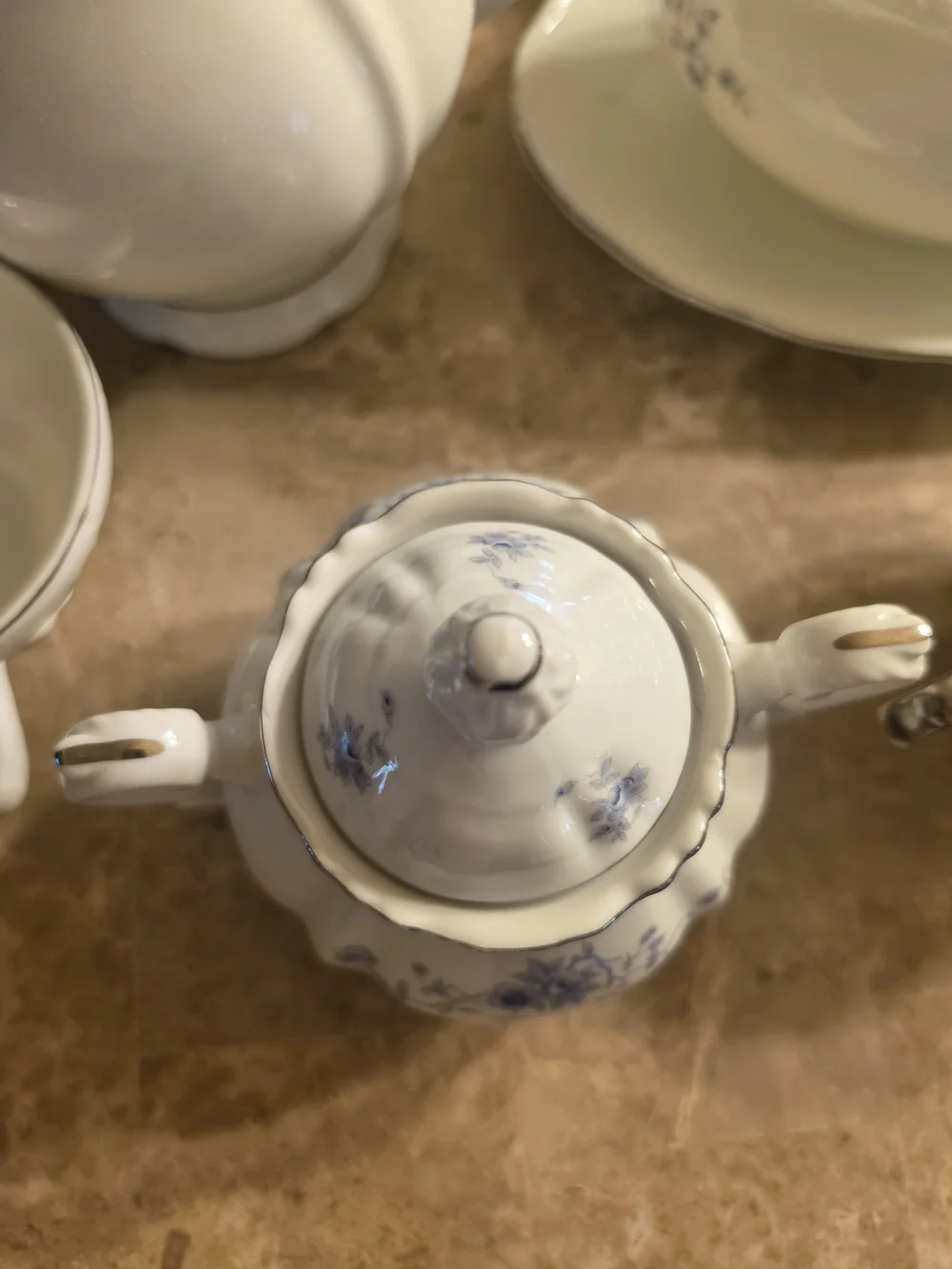 Elegant White Porcelain Tea Set with Blue Floral Accents 20 Pieces